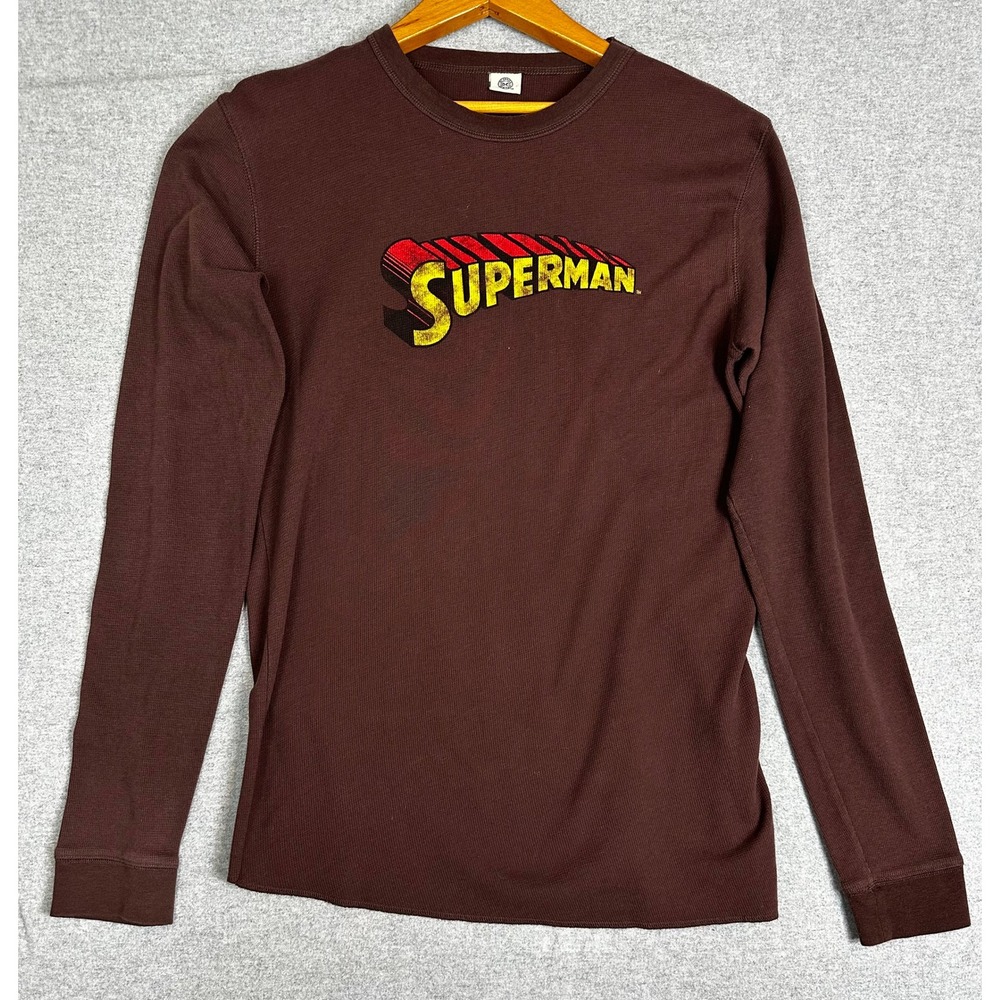 Vintage Y2K Superman Graphic‎ Thermal Shirt Medium Brown DC Comics 2006